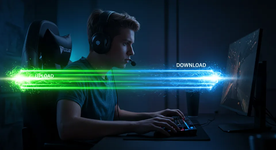 Jovem gamer com headset usando internet rápida