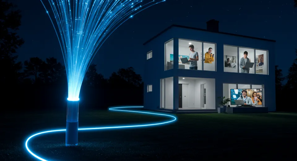 Fibra óptica conectando casa com várias pessoas online