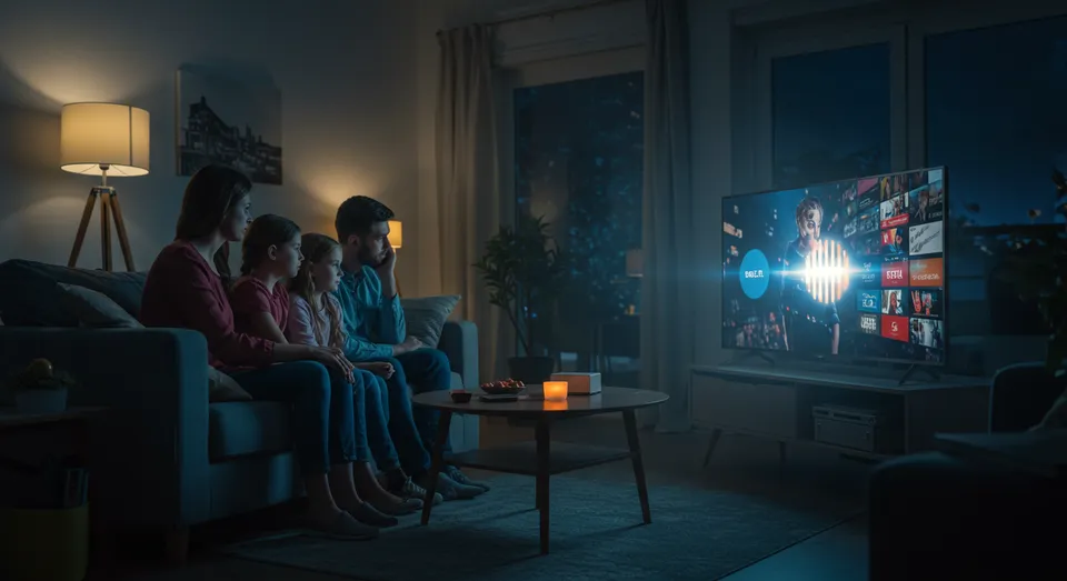 Família assistindo televisão com streaming em casa