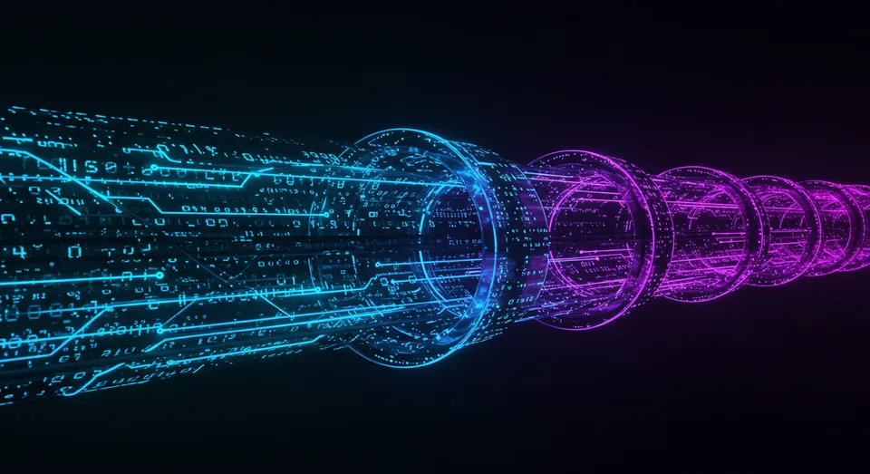 Fluxo digital de dados em tubos luminosos azul e rosa
