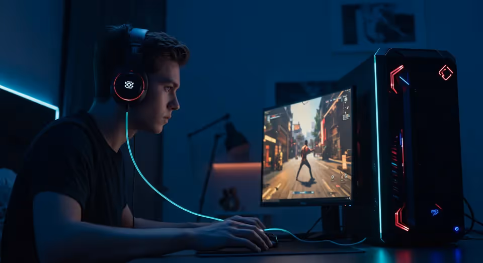 Jovem gamer jogando no computador com headset iluminado