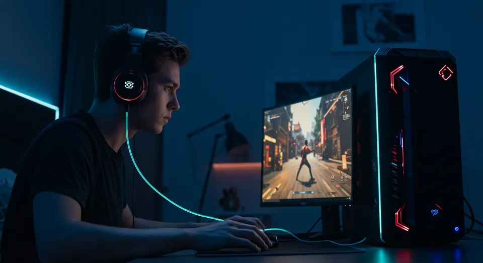 Jovem gamer jogando no computador com headset iluminado