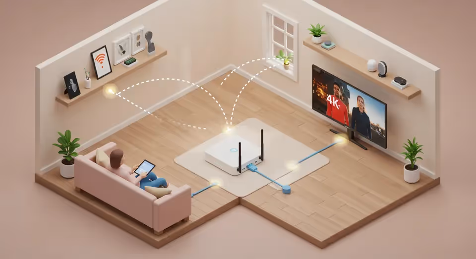 Pessoa usando tablet conectado a roteador com Wi-Fi e TV 4K
