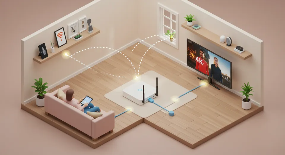 Pessoa usando tablet conectado a roteador com Wi-Fi e TV 4K