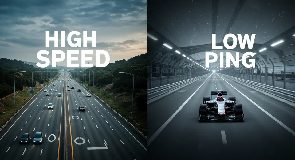 Comparação de alta velocidade e baixo ping na internet