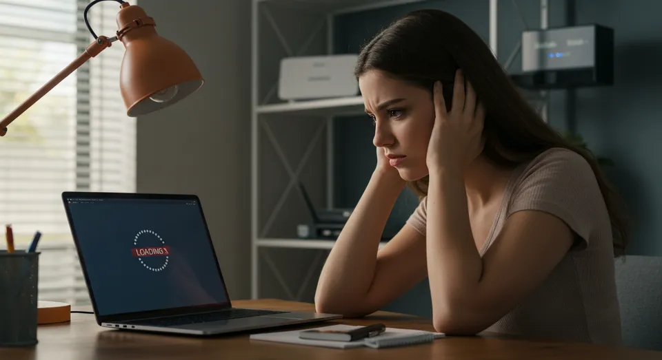 Mulher frustrada com internet lenta em notebook