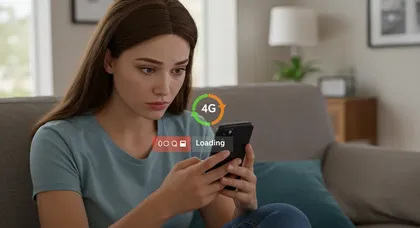 Mulher preocupada com internet lenta no celular 4G