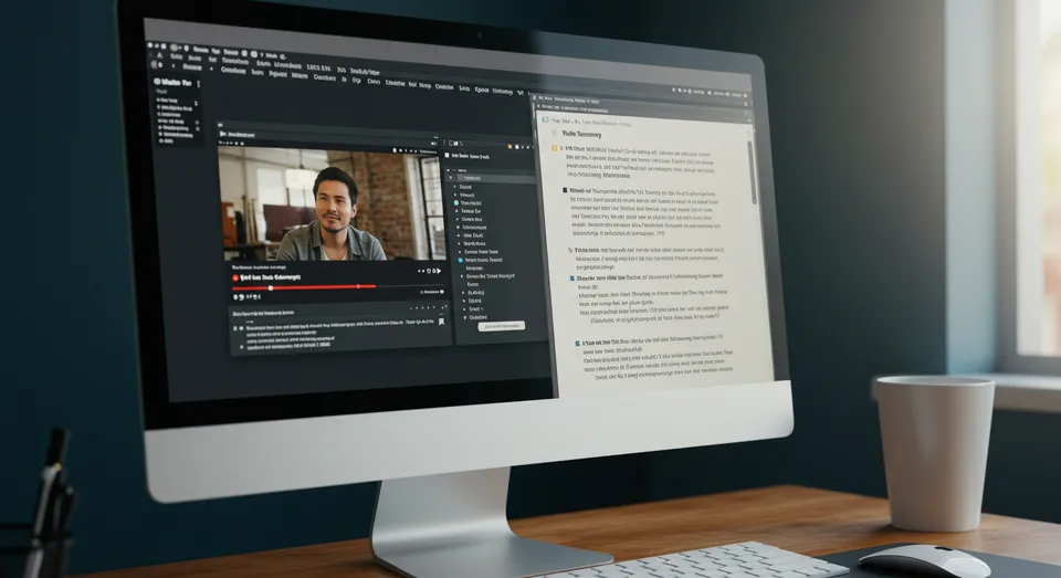 Computador exibindo vídeo e texto lado a lado na tela