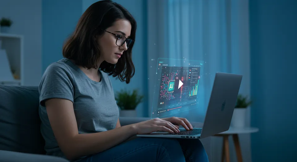 Mulher usando laptop com interface de IA em vídeo flutuante