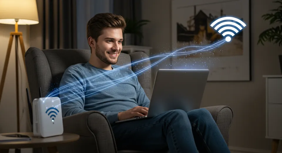 Homem usando laptop com sinal de Wi-Fi rápido em casa