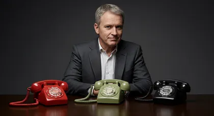 Homem com três telefones antigos sobre a mesa
