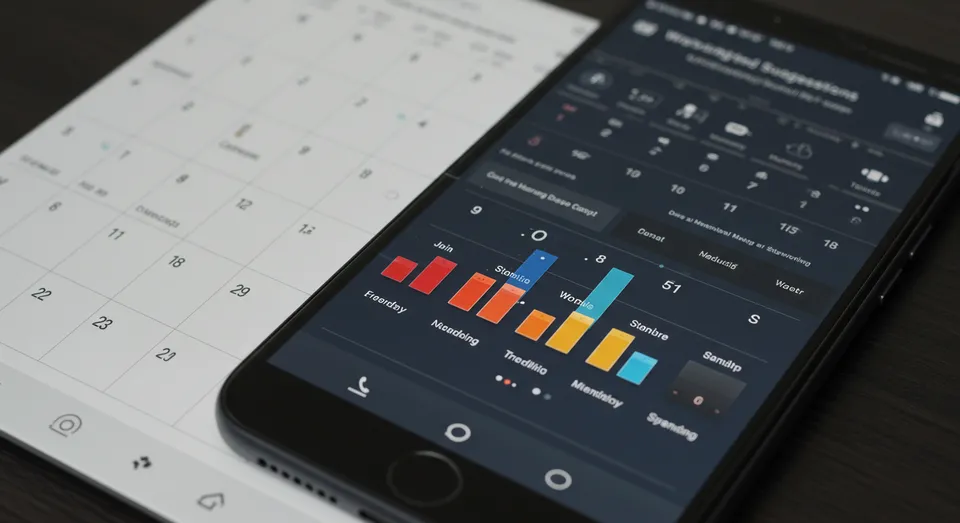 Celular mostrando gráfico colorido sobre calendário na mesa