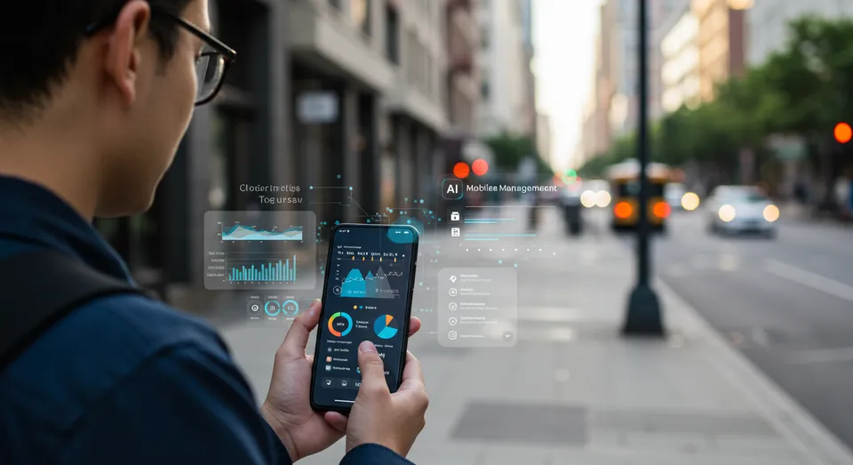 Homem usando celular com gráficos de dados em realidade aumentada