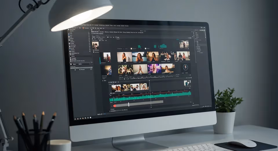 Edição de vídeo profissional em tela de computador desktop
