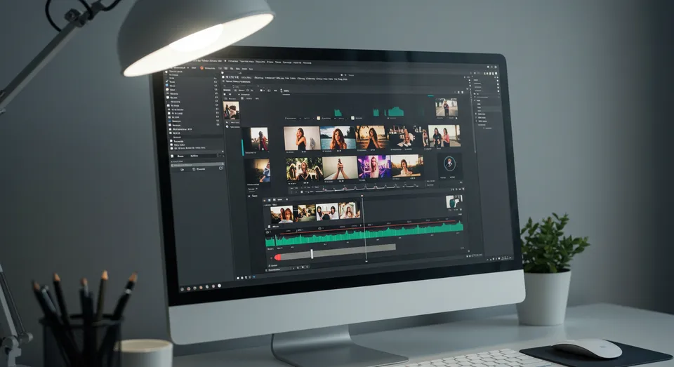 Edição de vídeo profissional em tela de computador desktop
