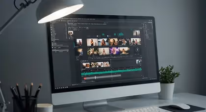 Monitor exibindo software de edição de vídeo em uso profissional