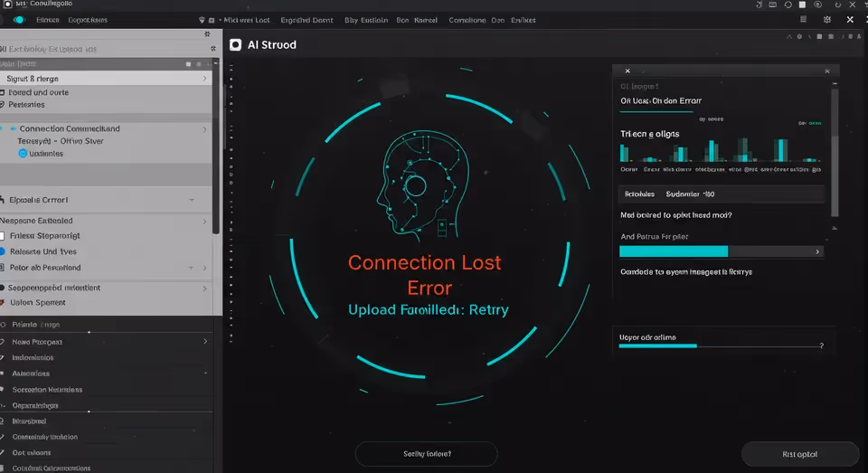 Tela de interface digital com alerta de erro de conexão e ilustração de rosto tecnológico