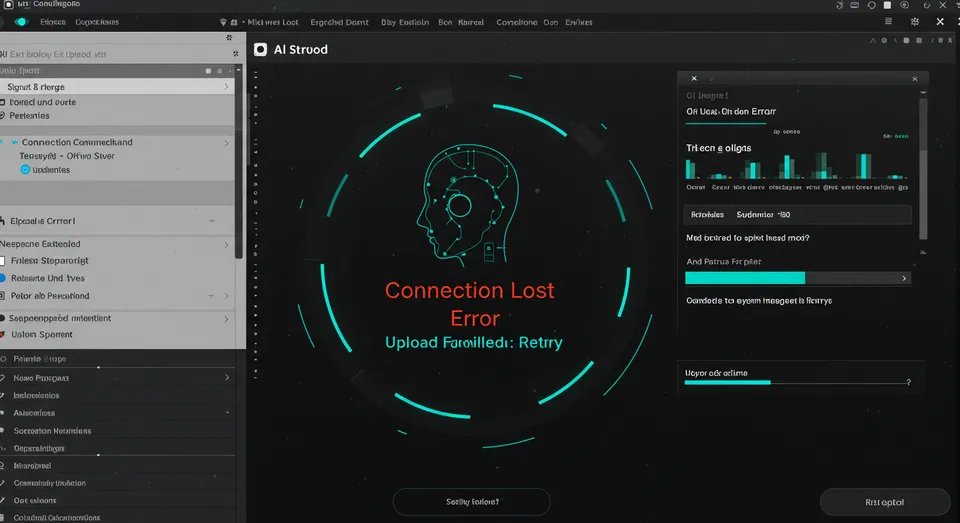 Tela de interface digital com alerta de erro de conexão e ilustração de rosto tecnológico