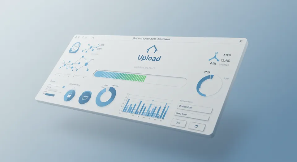 Interface 3D azul com gráficos e barra de progresso de upload