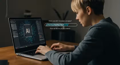 Pessoa concentrada usando notebook com interface de inteligência artificial e barra de carregamento
