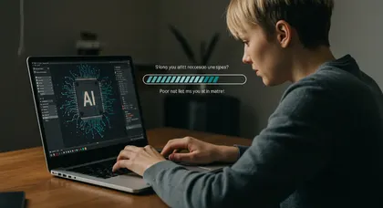 Pessoa concentrada usando notebook com interface de inteligência artificial e barra de carregamento