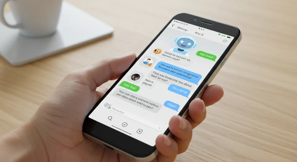 Pessoa segurando smartphone com conversa de chatbot em aplicativo de mensagens