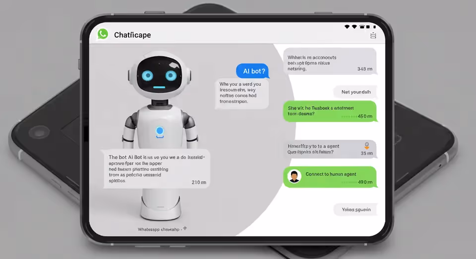 Interface de chatbot com robô virtual e mensagens em smartphone