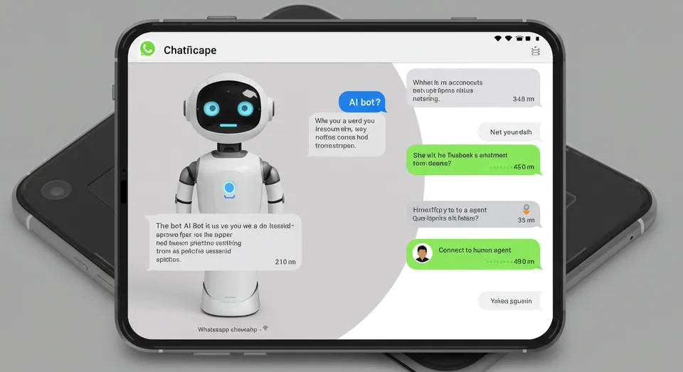 Interface de chatbot com robô virtual e mensagens em smartphone