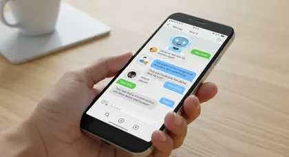 Mão segurando smartphone com conversa de chatbot em aplicativo de mensagens