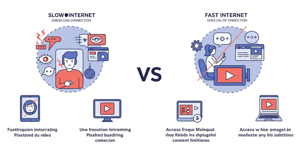 Comparação entre internet lenta e rápida em vídeo