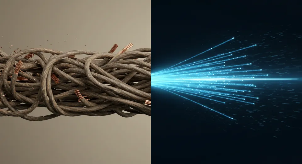 Comparação entre cabo de cobre e fibra óptica moderna