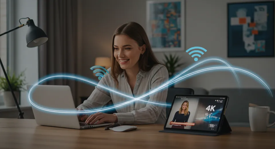 Mulher usando internet rápida em laptop e tablet