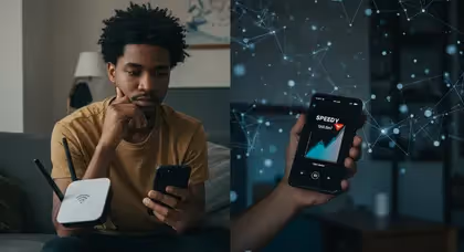 Usuário verifica velocidade do Wi-Fi no celular e roteador