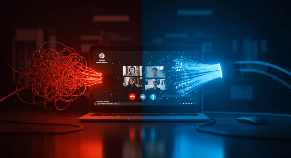 Fibra óptica vs cabos: videochamada estável no laptop
