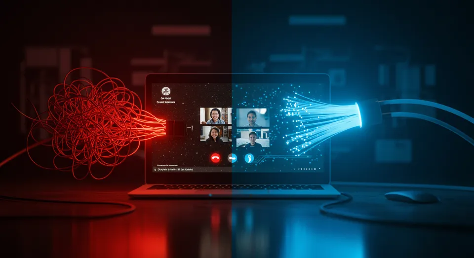 Fibra óptica vs cabos: videochamada estável no laptop