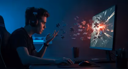 Jovem gamer joga no PC com peças de quebra-cabeça digitais