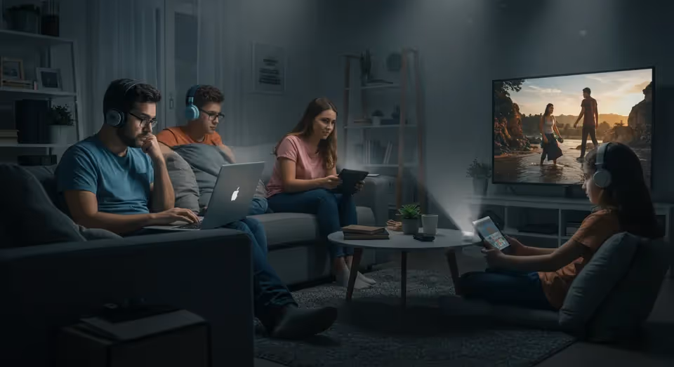 Família em casa conectada com dispositivos digitais