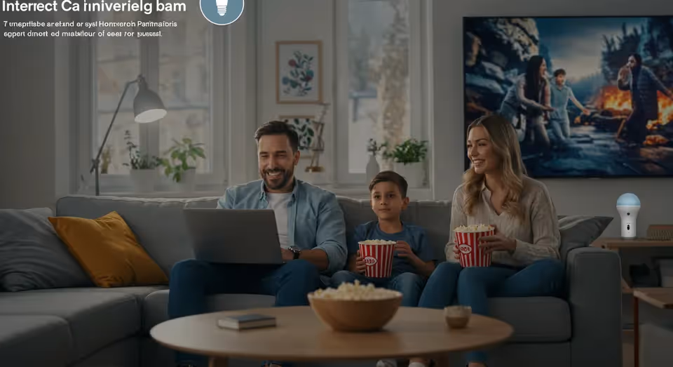 Família assistindo filme em casa com laptop e pipoca
