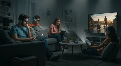 Família conectada à internet com dispositivos digitais em casa