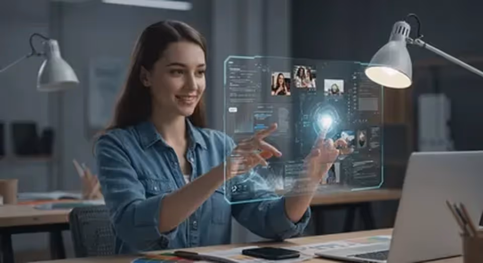 Mulher com interface futurista de dados interativa