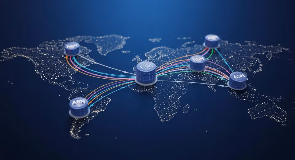 Mapa global com servidores ASN conectados por linhas coloridas.
