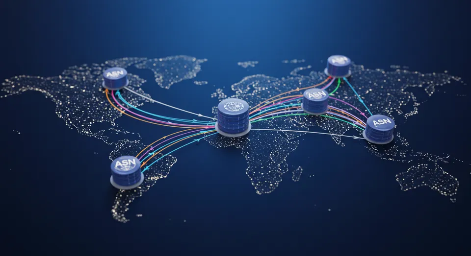 Mapa global com servidores ASN conectados por linhas coloridas.