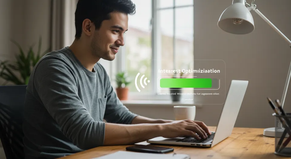 Homem trabalhando no computador com otimização de internet em andamento.