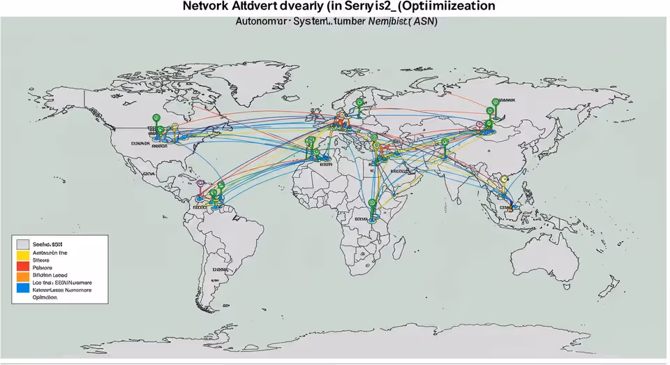 Mapa mundial mostrando conexões de rede ASN com linhas coloridas.