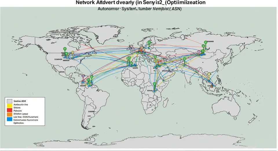 Mapa mundial mostrando conexões de rede ASN com linhas coloridas.