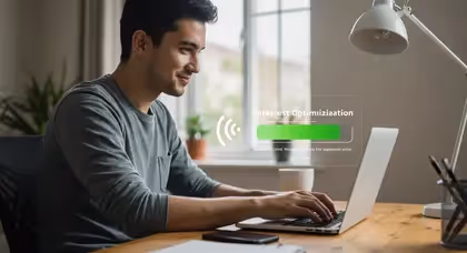Homem ajustando configurações no computador com otimização de internet em andamento.