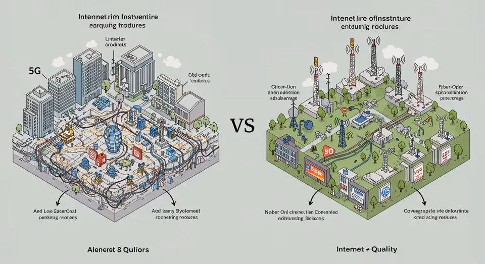 Ilustração comparando infraestrutura de internet urbana e rural.
