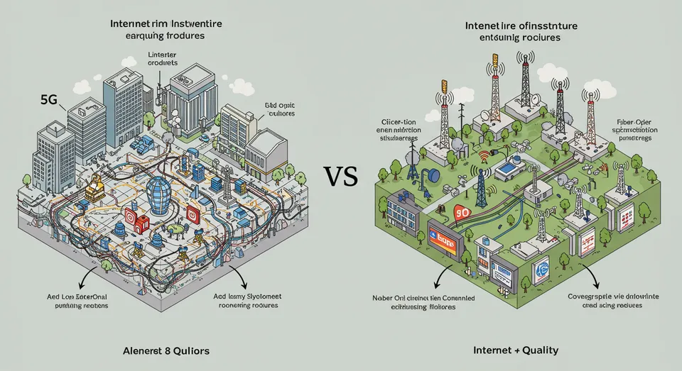 Ilustração comparando infraestrutura de internet urbana e rural.