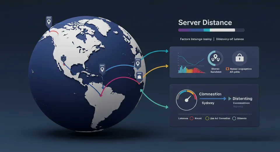 Mapa global mostrando distância de servidores e conexão de rede.
