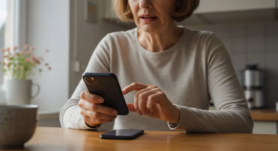 Mulher preocupada usando smartphone na cozinha.